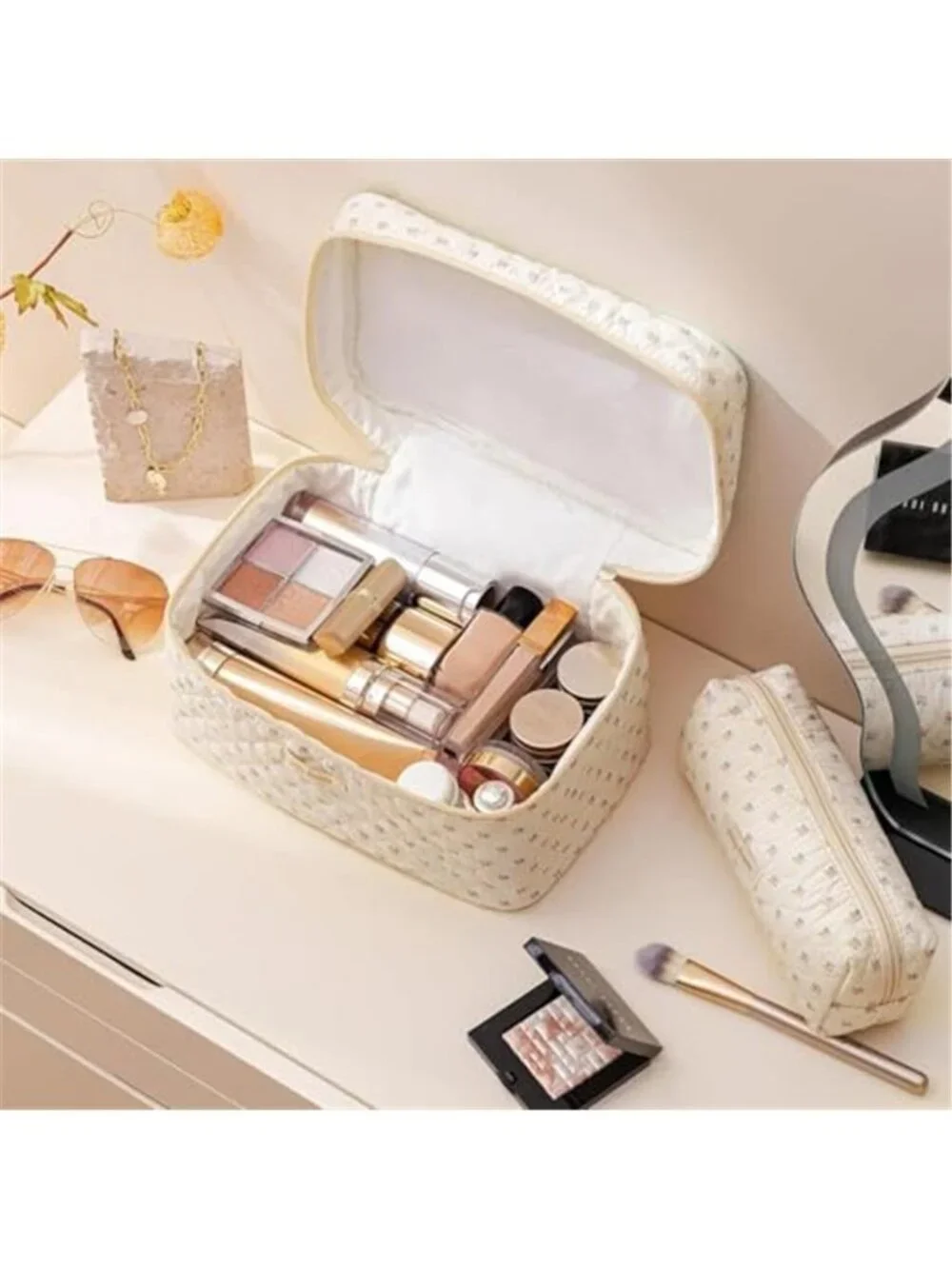 Quilted Makeup Bag 3Pcs Cotton Large Travel Makeup Bags Organizer